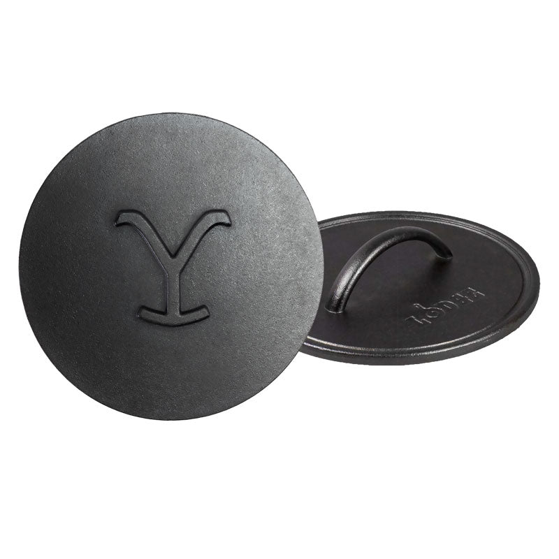 Load image into Gallery viewer, Lodge Yellowstone™ 8 Inch Round Seasoned Cast Iron “Power Y” Grill Press
