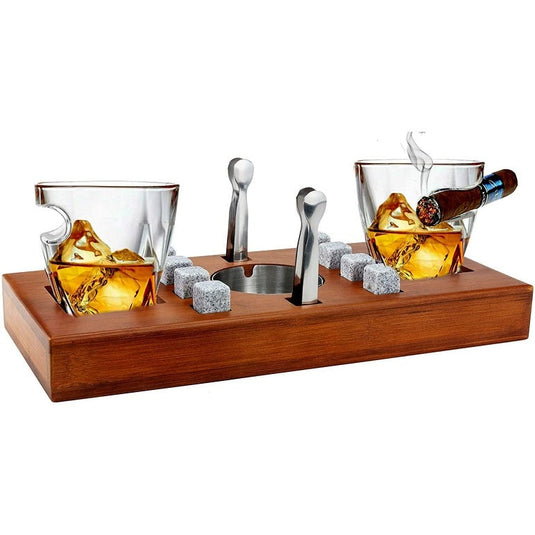 Bezrat Barware 14pc Whiskey Cigar Set with Mahogany Wooden Base