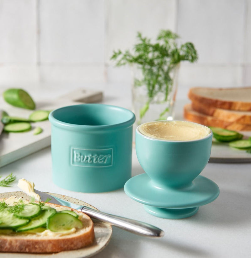 Load image into Gallery viewer, Matte Aqua Cafe Butter Bell Crock
