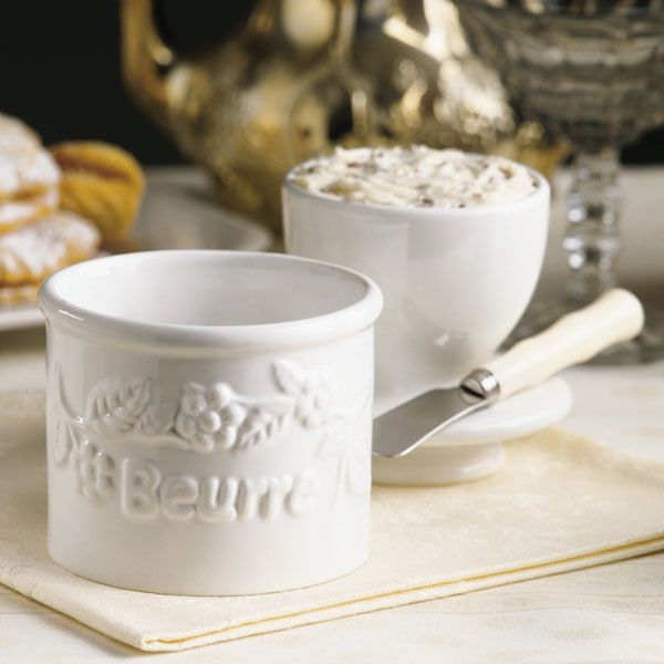Load image into Gallery viewer, Classic White Raised Floral Butter Bell Crock
